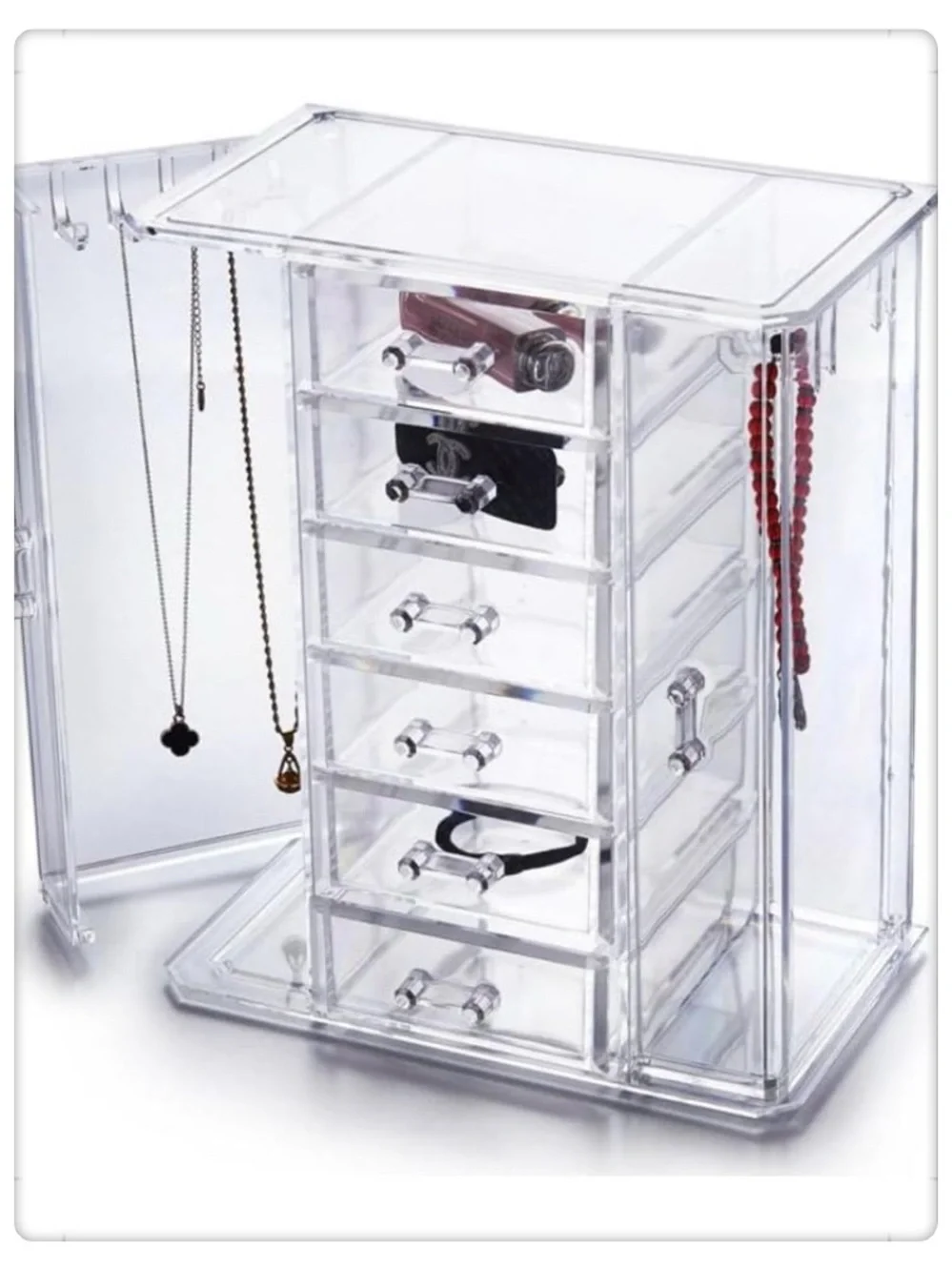 Clear Acrylic Jewelry Organizer Tower with Drawers and Hooks